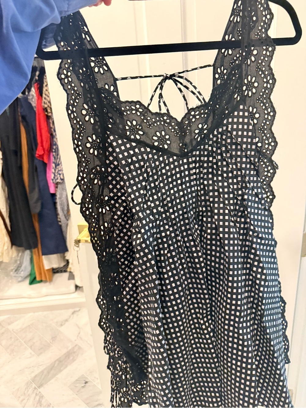 Caroline Constas Black and White Eyelet-Trim Check Camisole
